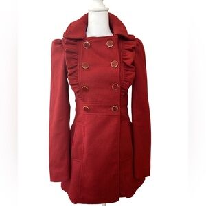 Red double-breasted ruffle coquette romantic feminine wool blend pea coat XS